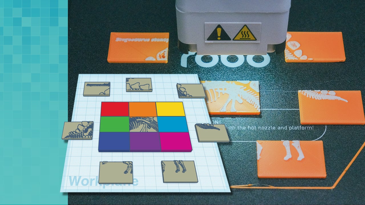Inset is an image of a stegosaurus design split into nine squares, found on Tinkercad. The image overlaps a close up view of the Robo E4 3D printer print plate with the 3D printed pieces of the stegosaurus puzzle.
