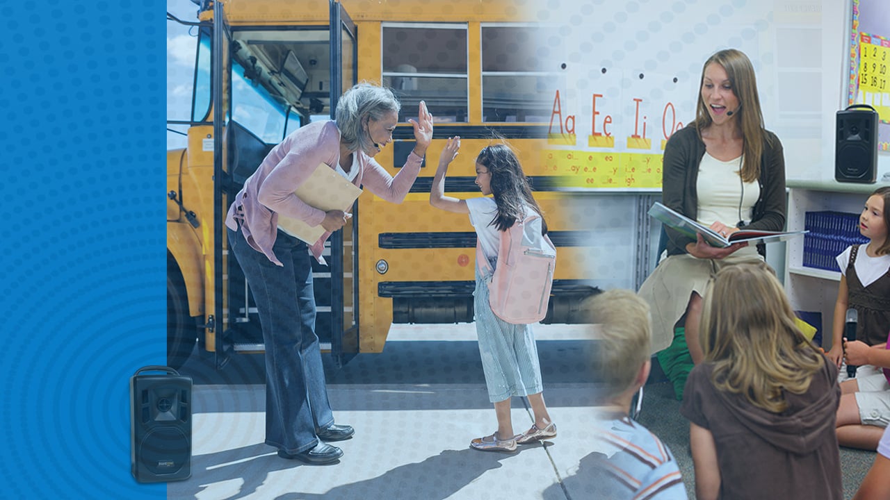 Image to the left shows school principal giving a high five to a student boarding a school bus. A Lyrik portable audio system is nearby to help students waiting hear directions. Image to the right shows a teacher reading aloud to young students sitting on the carpet. A Lyrik portable audio system is on a bookshelf nearby.