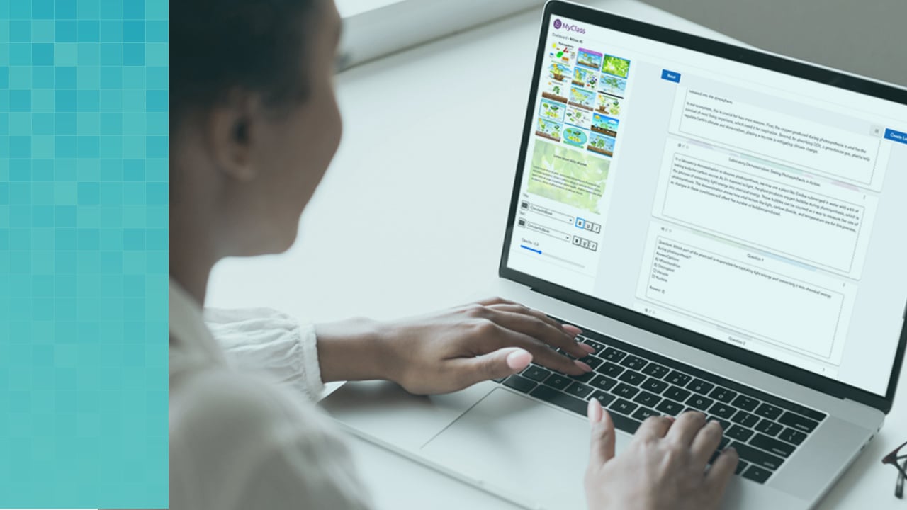 Teacher is using the MimioAI feature of Mimio MyClass to build a lesson on the life cycle of a plant by using the drop down menus and filters to select the topic and content type.