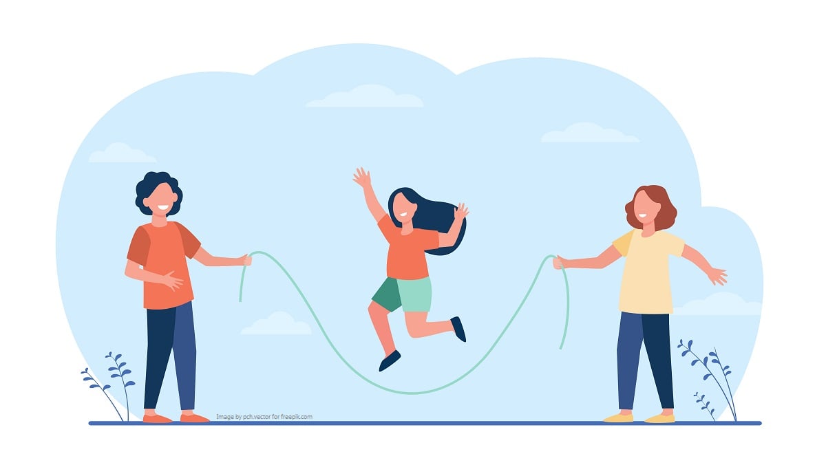 Happy kids jumping rope