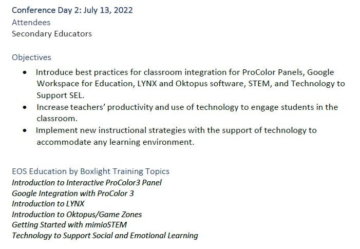 TTC day 2 schedule