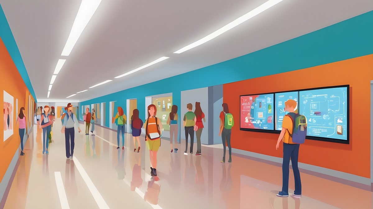 school-campus-or-hallway-with-digital-displays--digital-signage--students--teachers